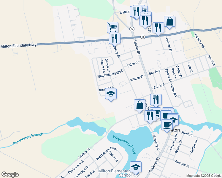 map of restaurants, bars, coffee shops, grocery stores, and more near 403 Rudder Lane in Milton