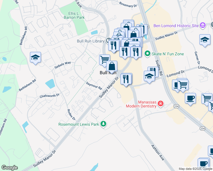 map of restaurants, bars, coffee shops, grocery stores, and more near 10816 Stone Hill Lane in Manassas