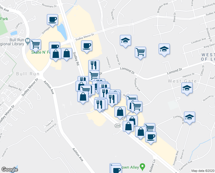 map of restaurants, bars, coffee shops, grocery stores, and more near 10365 Lomond Drive in Manassas
