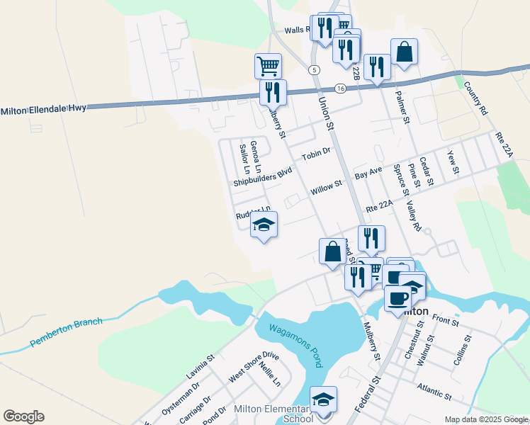 map of restaurants, bars, coffee shops, grocery stores, and more near 403 Rudder Lane in Milton