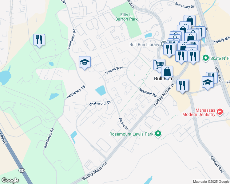 map of restaurants, bars, coffee shops, grocery stores, and more near 11020 Folksie Court in Manassas