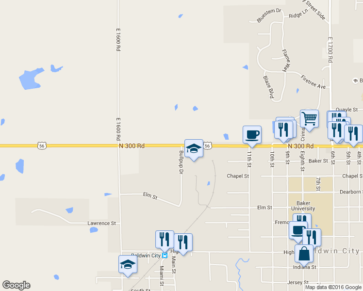 map of restaurants, bars, coffee shops, grocery stores, and more near Bullpup Drive in Baldwin City