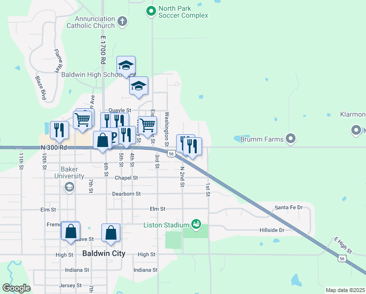 map of restaurants, bars, coffee shops, grocery stores, and more near 101 North 2nd Street in Baldwin City