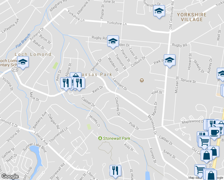 map of restaurants, bars, coffee shops, grocery stores, and more near 258 Manassas Drive in Manassas Park