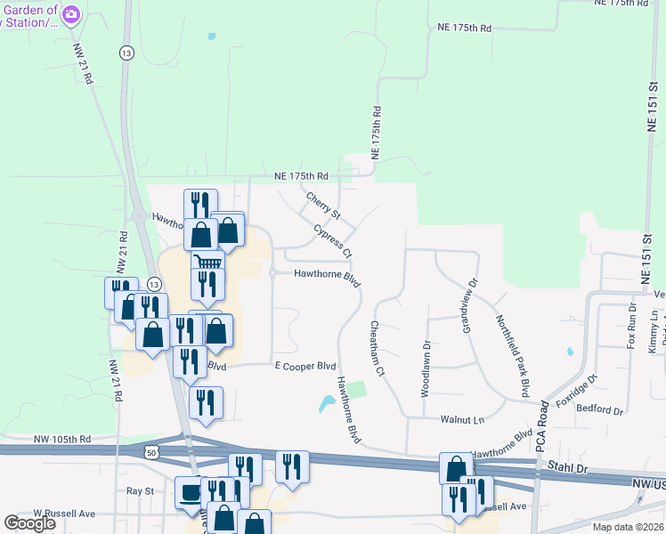 map of restaurants, bars, coffee shops, grocery stores, and more near 425 Hawthorne Boulevard in Warrensburg
