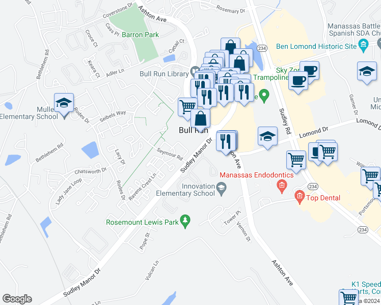 map of restaurants, bars, coffee shops, grocery stores, and more near 10816 Stone Hill Lane in Manassas