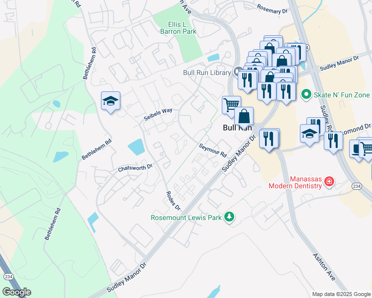 map of restaurants, bars, coffee shops, grocery stores, and more near 11005 Kinship Court in Manassas