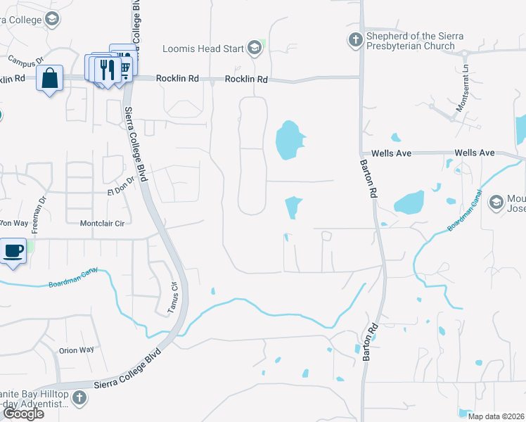 map of restaurants, bars, coffee shops, grocery stores, and more near 5635 St Francis Cir E in Loomis