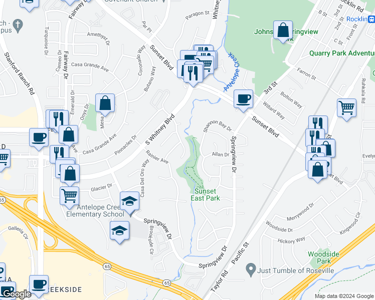 map of restaurants, bars, coffee shops, grocery stores, and more near 6025 Bryce Way in Rocklin