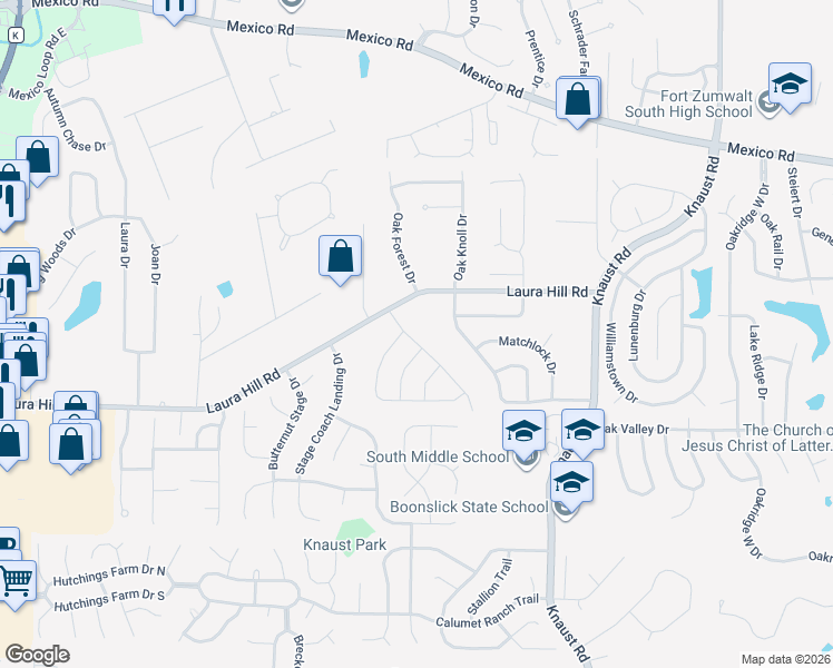 map of restaurants, bars, coffee shops, grocery stores, and more near 13 Huntsman Trail in St. Peters