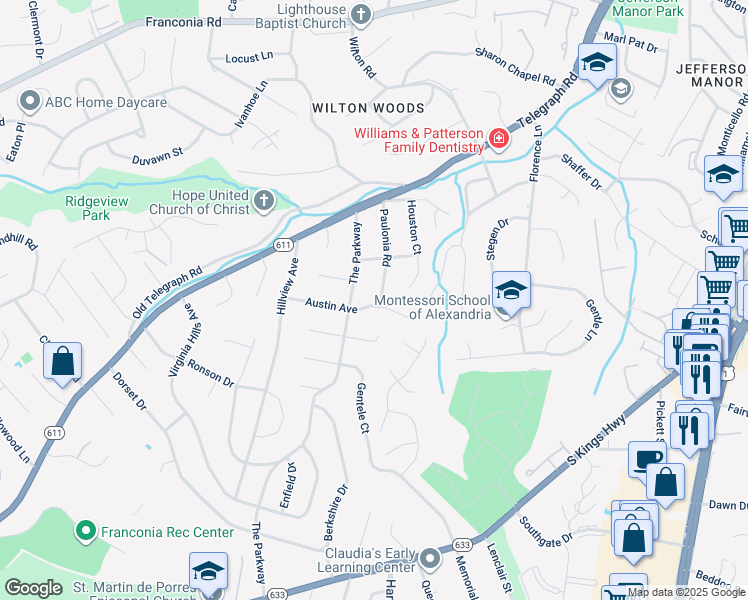 map of restaurants, bars, coffee shops, grocery stores, and more near 3600 Austin Avenue in Alexandria