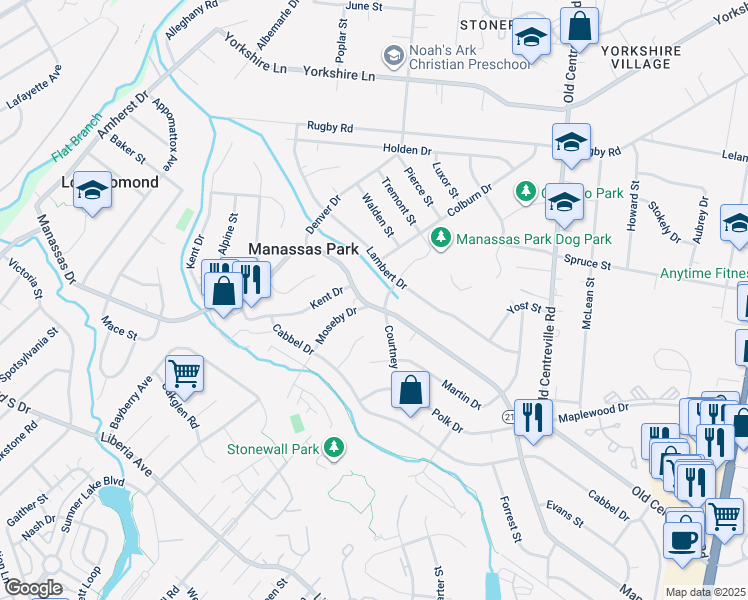 map of restaurants, bars, coffee shops, grocery stores, and more near 258 Manassas Drive in Manassas Park