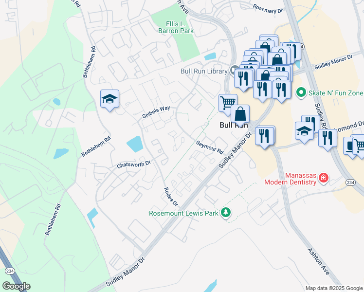 map of restaurants, bars, coffee shops, grocery stores, and more near 11005 Kinship Court in Manassas