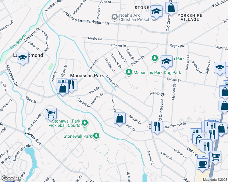 map of restaurants, bars, coffee shops, grocery stores, and more near 128 Courtney Drive in Manassas Park