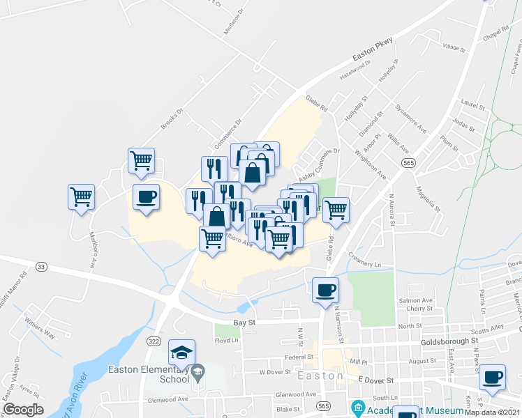 map of restaurants, bars, coffee shops, grocery stores, and more near 207 Marlboro Avenue in Easton