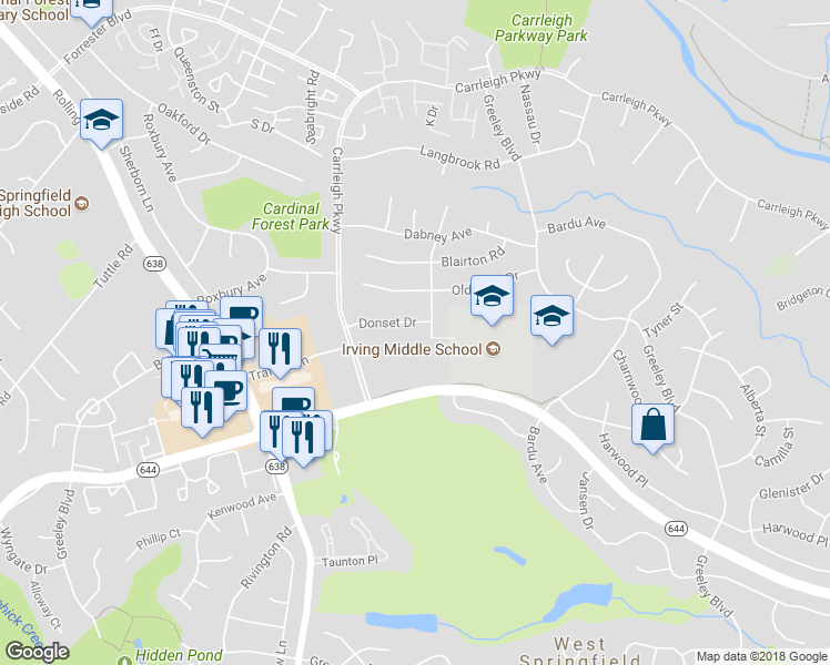 map of restaurants, bars, coffee shops, grocery stores, and more near 8203 Donset Drive in West Springfield
