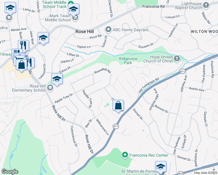 map of restaurants, bars, coffee shops, grocery stores, and more near 4413 Roundhill Road in Alexandria