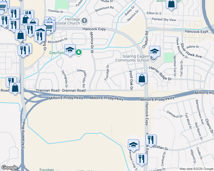 map of restaurants, bars, coffee shops, grocery stores, and more near 3458 Foxridge Drive in Colorado Springs