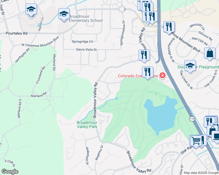 map of restaurants, bars, coffee shops, grocery stores, and more near 3410 Clubview Terrace in Colorado Springs