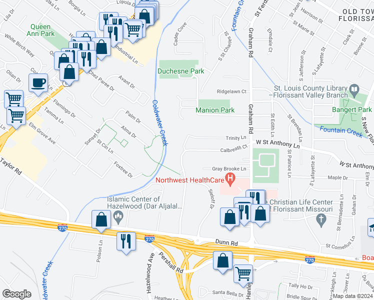 map of restaurants, bars, coffee shops, grocery stores, and more near 7620 Hazelcrest Drive in Hazelwood