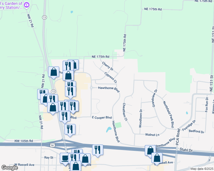 map of restaurants, bars, coffee shops, grocery stores, and more near 424 Poplar Street in Warrensburg