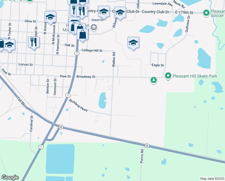 map of restaurants, bars, coffee shops, grocery stores, and more near 408 Walker Road in Pleasant Hill