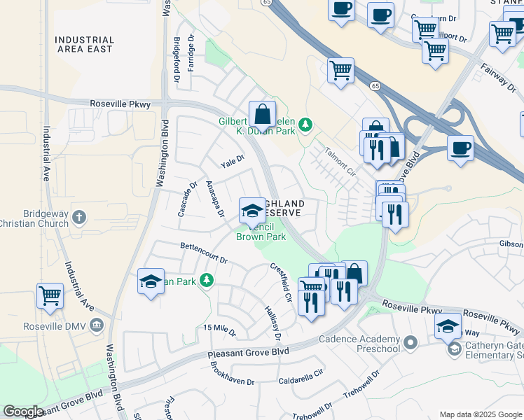 map of restaurants, bars, coffee shops, grocery stores, and more near 372 Brennen Circle in Roseville