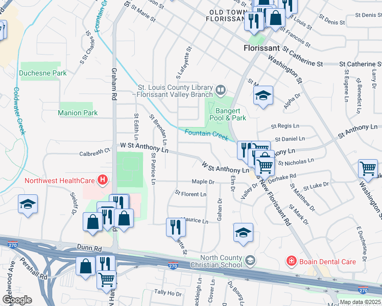 map of restaurants, bars, coffee shops, grocery stores, and more near 195 West Saint Anthony Lane in Florissant