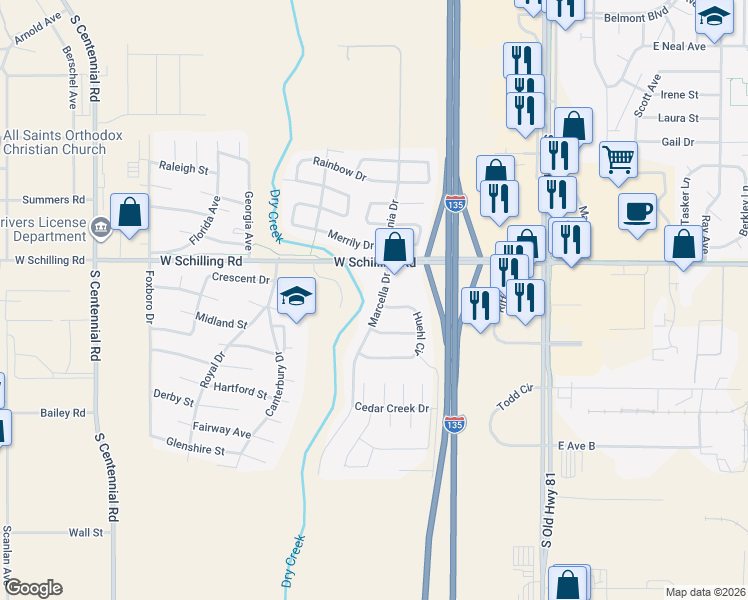 map of restaurants, bars, coffee shops, grocery stores, and more near 3032 Marcella Drive in Salina