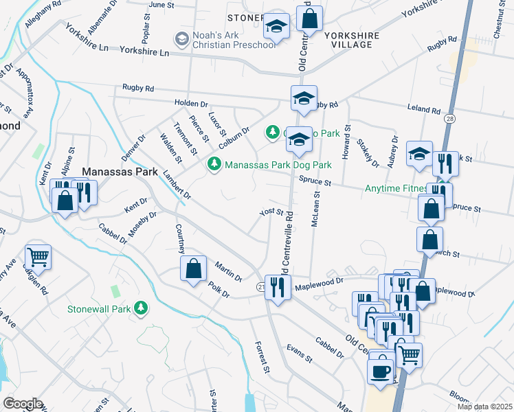 map of restaurants, bars, coffee shops, grocery stores, and more near 115 Yost Street in Manassas Park