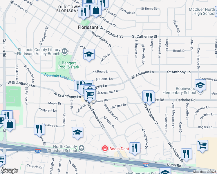 map of restaurants, bars, coffee shops, grocery stores, and more near 190 Saint Anthony Lane in Florissant