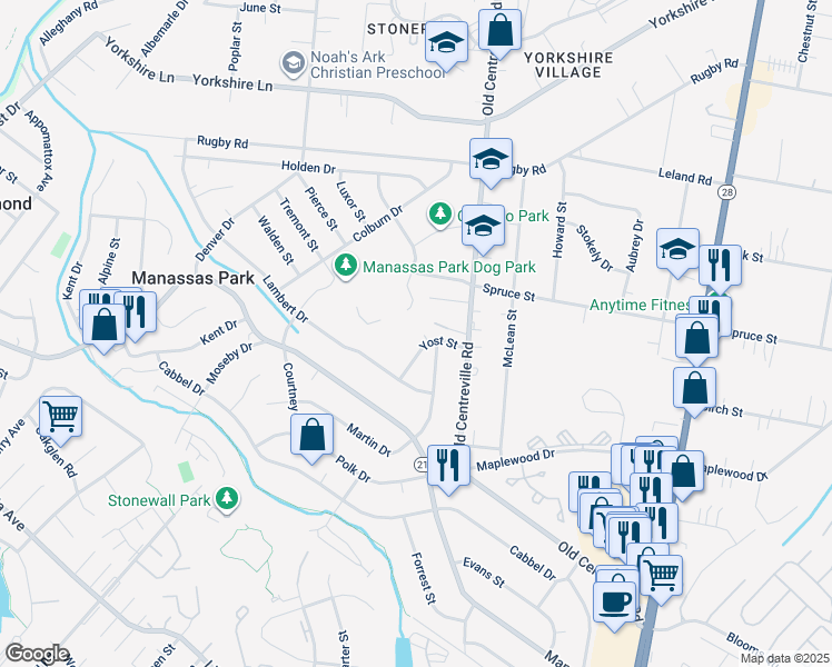 map of restaurants, bars, coffee shops, grocery stores, and more near 115 Yost Street in Manassas Park