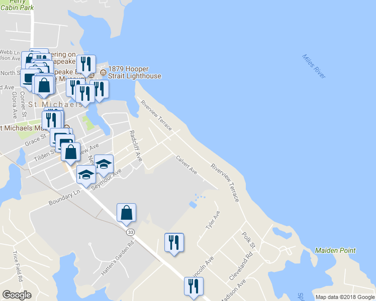map of restaurants, bars, coffee shops, grocery stores, and more near 905 Riverview Terrace in Saint Michaels
