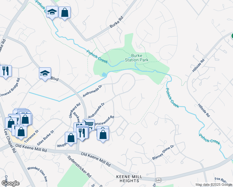 map of restaurants, bars, coffee shops, grocery stores, and more near 9035 Andromeda Drive in Burke