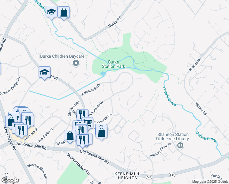 map of restaurants, bars, coffee shops, grocery stores, and more near 9035 Andromeda Drive in Burke