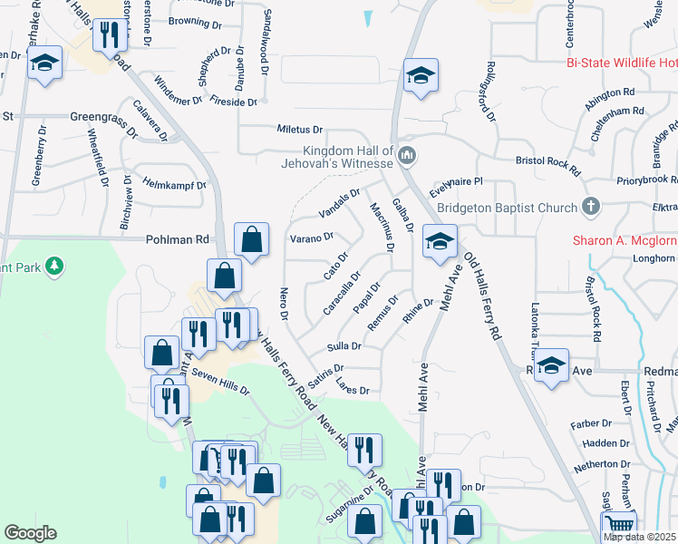 map of restaurants, bars, coffee shops, grocery stores, and more near 11952 Cato Drive in Florissant