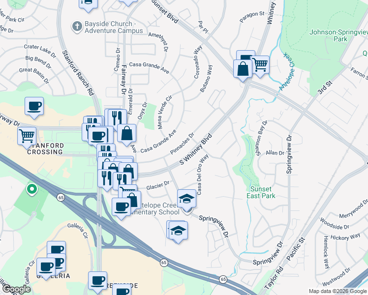 map of restaurants, bars, coffee shops, grocery stores, and more near 2456 Pinnacles Drive in Rocklin