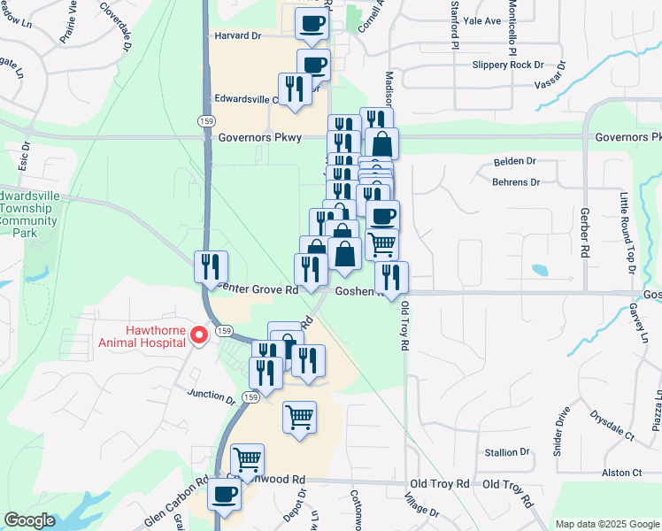 map of restaurants, bars, coffee shops, grocery stores, and more near 2350 Troy Road in Edwardsville
