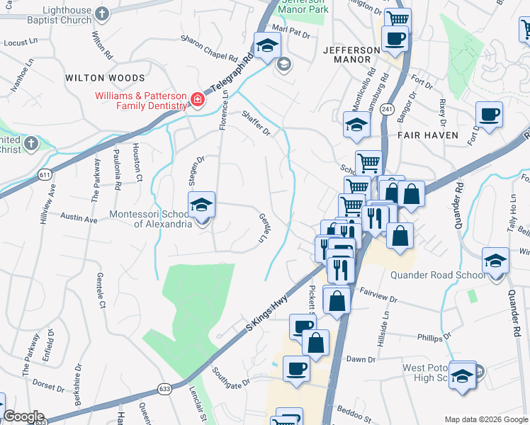 map of restaurants, bars, coffee shops, grocery stores, and more near 6223 Gentle Lane in Alexandria