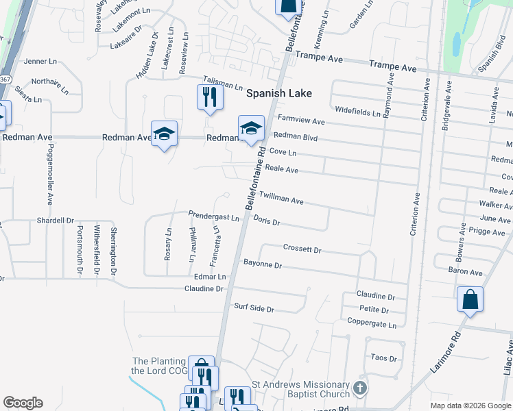 map of restaurants, bars, coffee shops, grocery stores, and more near 11640 Bellefontaine Road in St. Louis