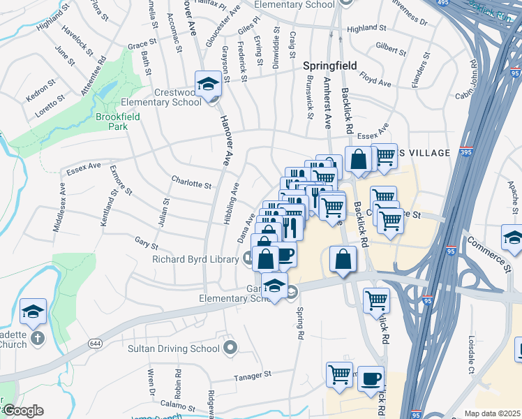 map of restaurants, bars, coffee shops, grocery stores, and more near 6215 Dana Avenue in Springfield