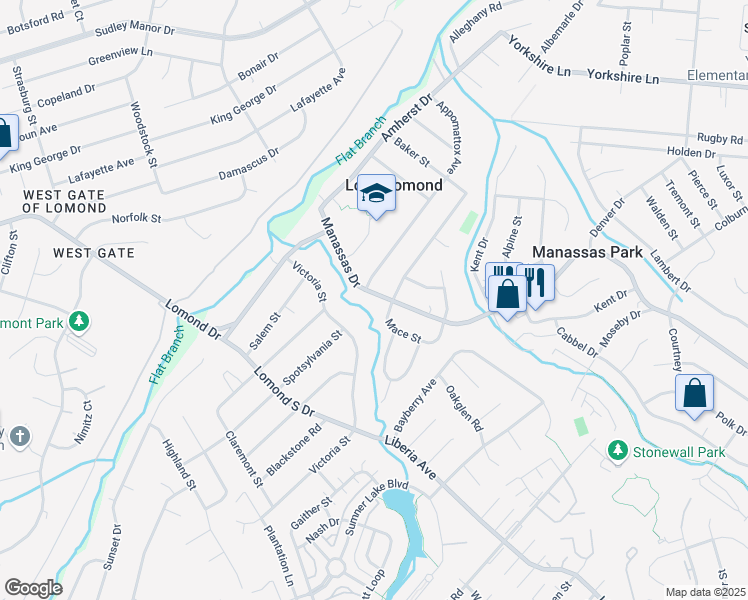 map of restaurants, bars, coffee shops, grocery stores, and more near 385 Manassas Drive in Manassas Park