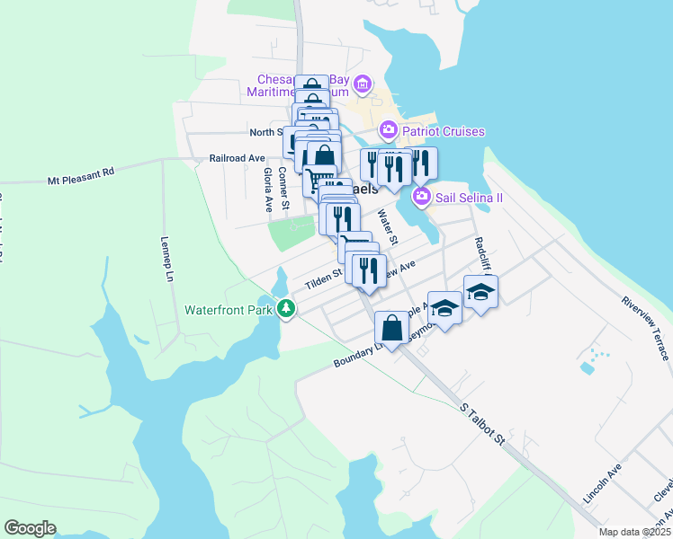 map of restaurants, bars, coffee shops, grocery stores, and more near 101 West Chestnut Street in Saint Michaels