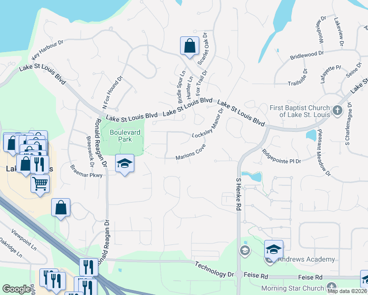 map of restaurants, bars, coffee shops, grocery stores, and more near 1409 Tucks Inn Court in Lake Saint Louis