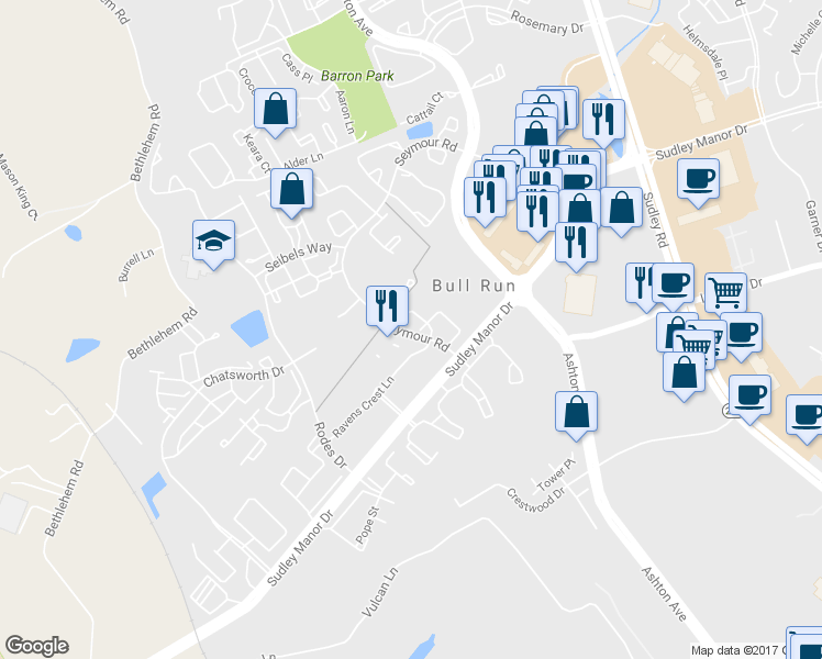 map of restaurants, bars, coffee shops, grocery stores, and more near 10898 Stone Hill Lane in Manassas