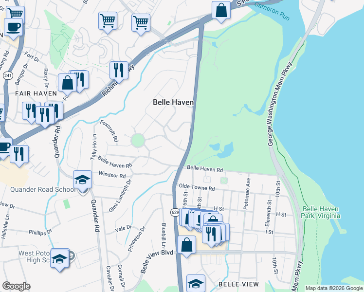 map of restaurants, bars, coffee shops, grocery stores, and more near 1904 Glen Drive in Alexandria