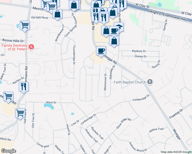 map of restaurants, bars, coffee shops, grocery stores, and more near 2705 Brighton Way in Saint Charles
