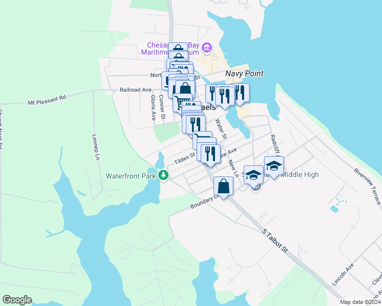 map of restaurants, bars, coffee shops, grocery stores, and more near 101 West Chestnut Street in Saint Michaels
