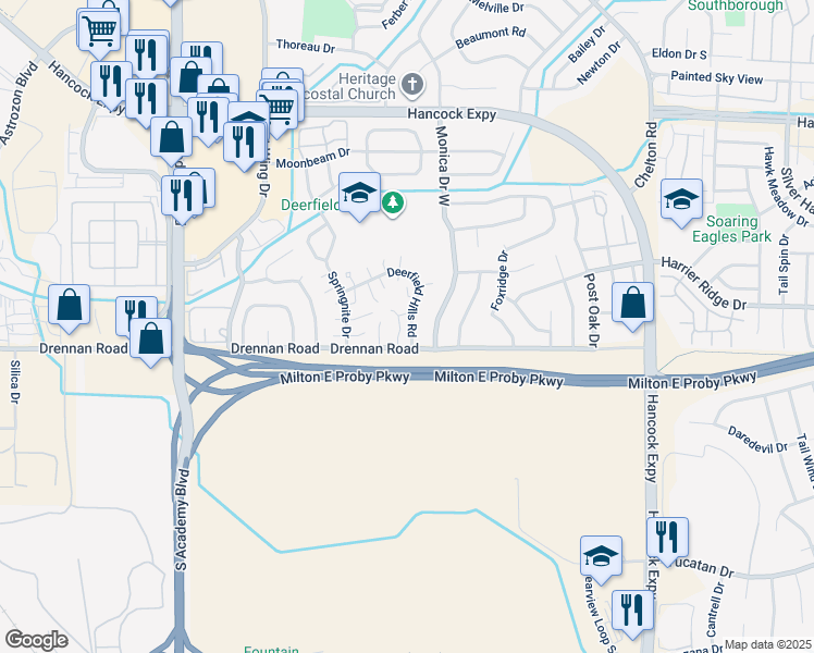map of restaurants, bars, coffee shops, grocery stores, and more near 4355 Deerfield Hills Road in Colorado Springs