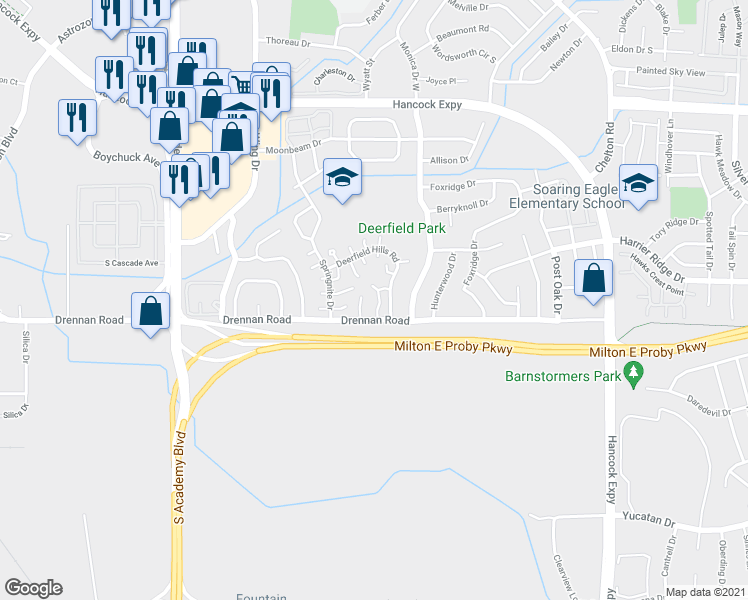 map of restaurants, bars, coffee shops, grocery stores, and more near 4230 Drennan Road in Colorado Springs